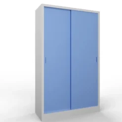 Armadio metallico, porte scorrevoli 4 ripiani, 120x60x200h cm - Ante Azzurre/Fianchi Grigi