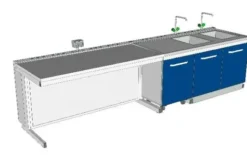 Banco docente con banco lavaggio doppia vasca 360x81 cm
