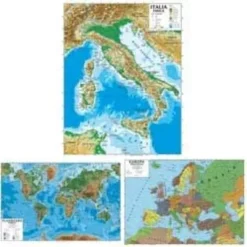 CARTA GEOGRAFICA MURALE - ITALIA, EUROPA E PLANISFERO (140X100 CM)
