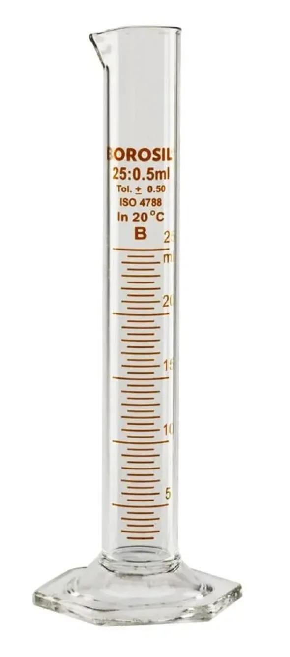 Graduated cylinder, tall, 25 mL, Borosil